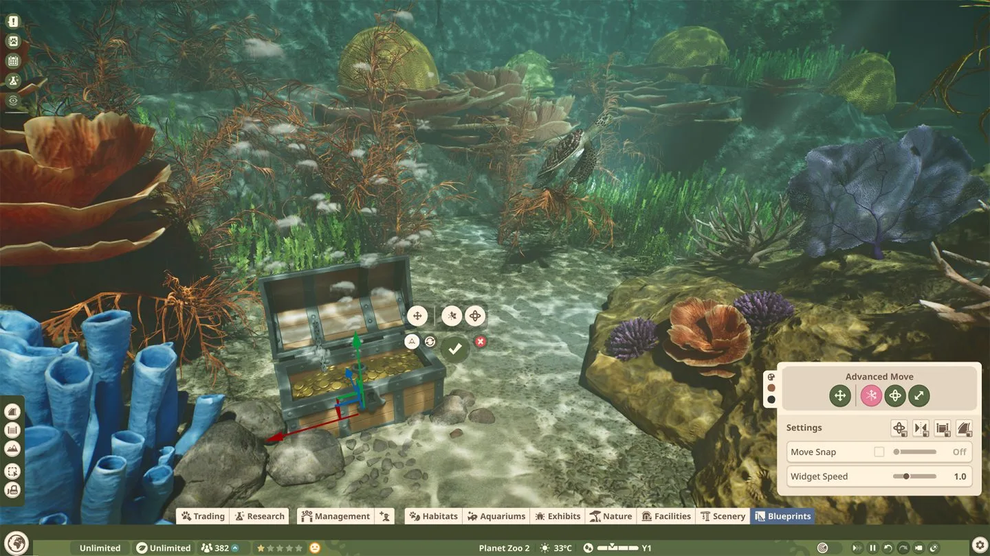 Aquarium construction controls and underwater scenery placement in Planet Zoo 2