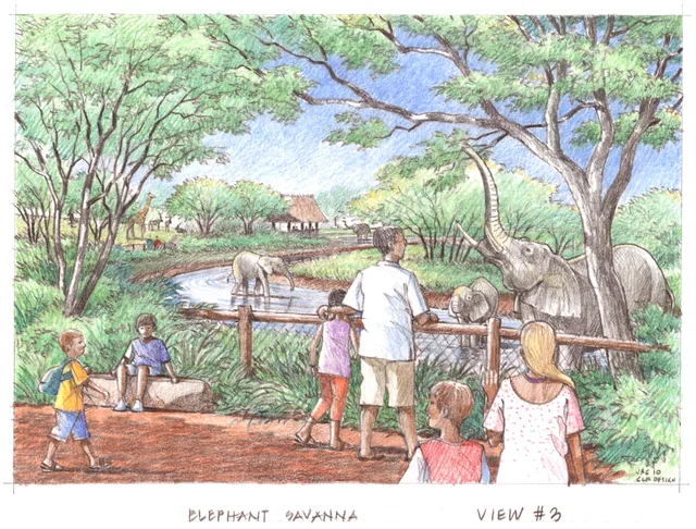 Watercolour concept of an elephant habitat with trees, water and guest viewing